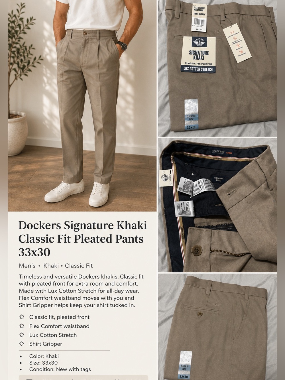 Dockers Khaki Classic Fit Pleated Pants - Khaki/Tan